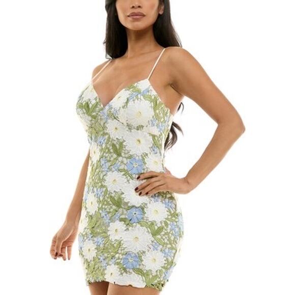 One and Only Collective Floral Lace Mini Dress White Blue Green NWT - Picture 1 of 14